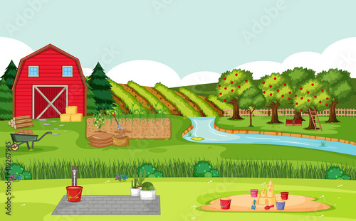 Fototapeta Naklejka Na Ścianę i Meble -  Farm scene with red barn in field landscape