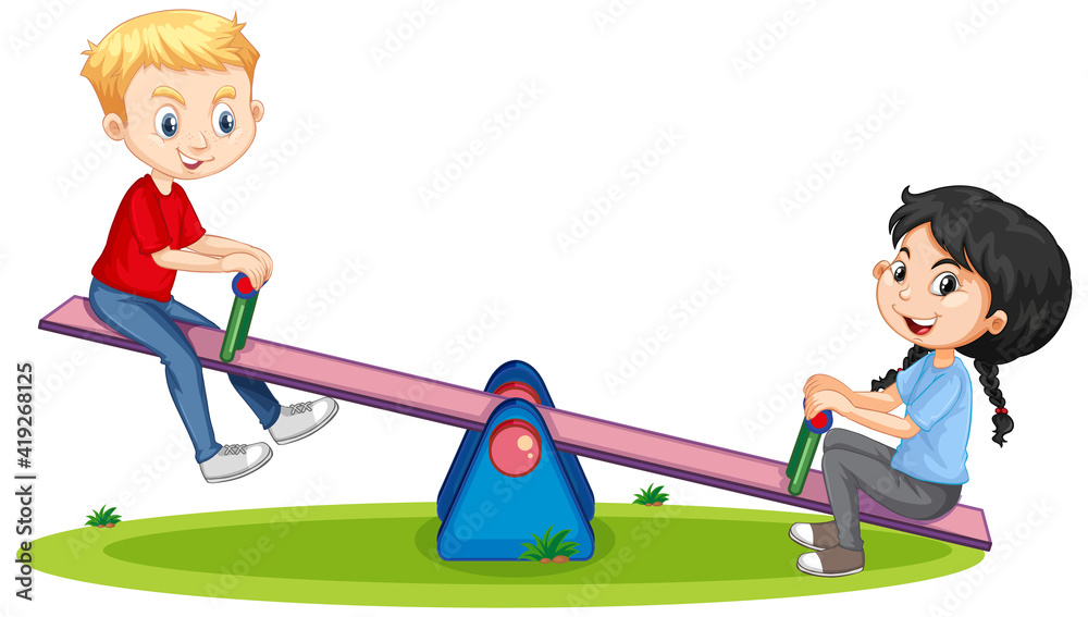 Cartoon character boy and girl playing seesaw on white background Stock ...