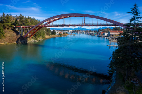 Rainbow Bridge in the Town of La Conner, Washington. Rainbow Bridge connects Fidalgo Island and La Conner, crossing Swinomish Channel in Skagit County. National Register of Historic Places. 