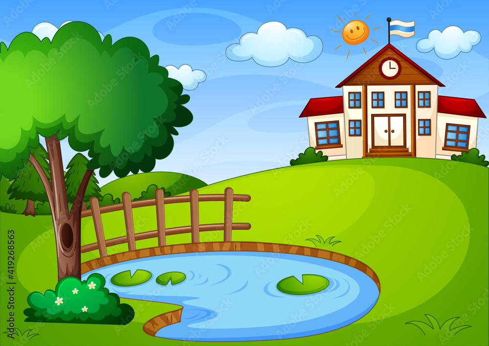 Fototapeta premium Empty scene with school building in nature