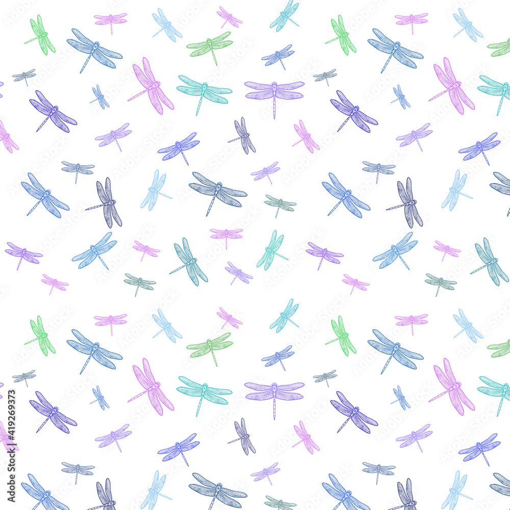 Seamless pastel colored dragonfly pattern isolated on a white background