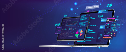 Banner Software UI and development for different devices. Business App dashboard with graph, charts, analytics data, testing platform, coding process. Software development and programming concept.