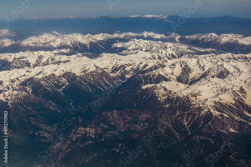 Aerial view of snow covered Tian Shan mountains in Kyrgyzstan