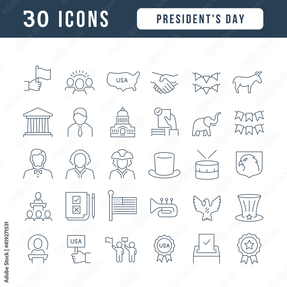Set of linear icons of Presidents Day