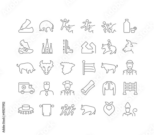 Set of linear icons of Running of the Bulls