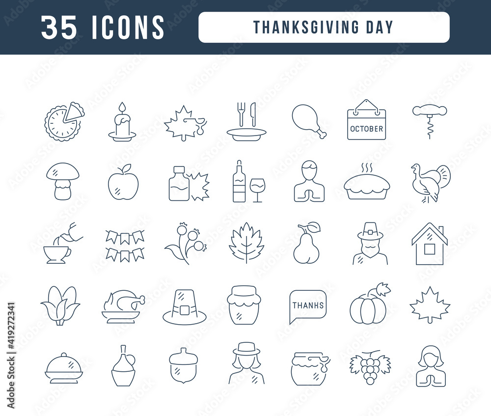 Set of linear icons of Thanksgiving Day