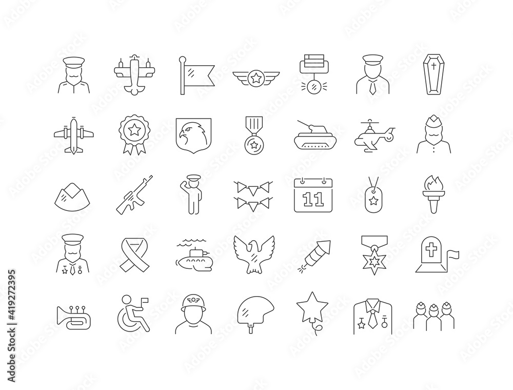 Set of linear icons of Veterans Day
