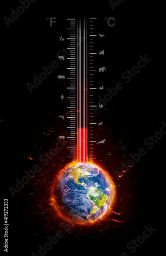 Temperature rising on global warming thermometer