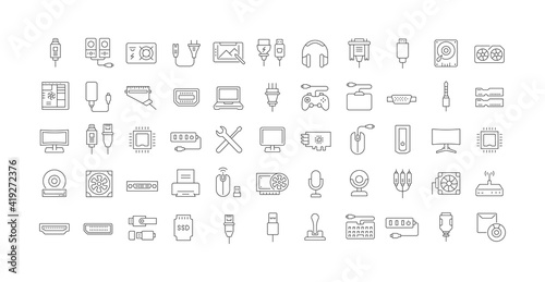 Set of linear icons of Upgrading Computer