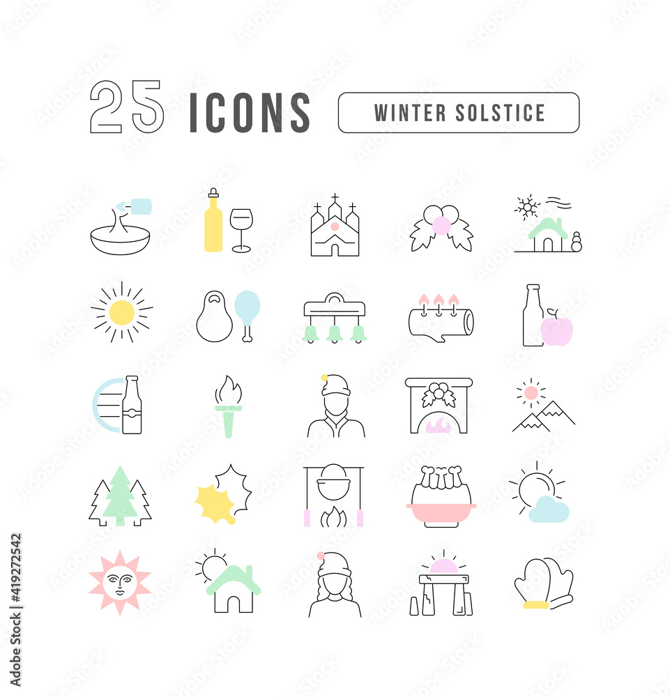Set of linear icons of Winter Solstice