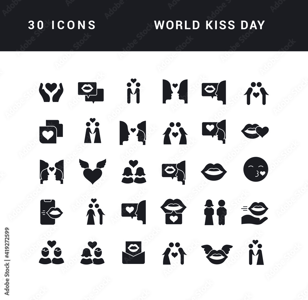 Set of simple icons of World Kiss Day Set of simple icons of World Kiss Day