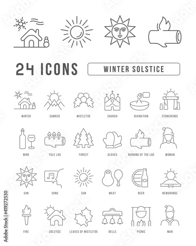 Set of linear icons of Winter Solstice