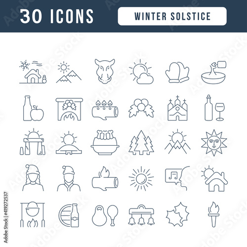 Set of linear icons of Winter Solstice