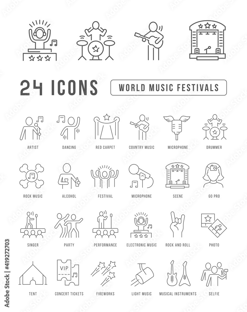 Set of linear icons of World Music Festivals Set of linear icons of World Music Festivals