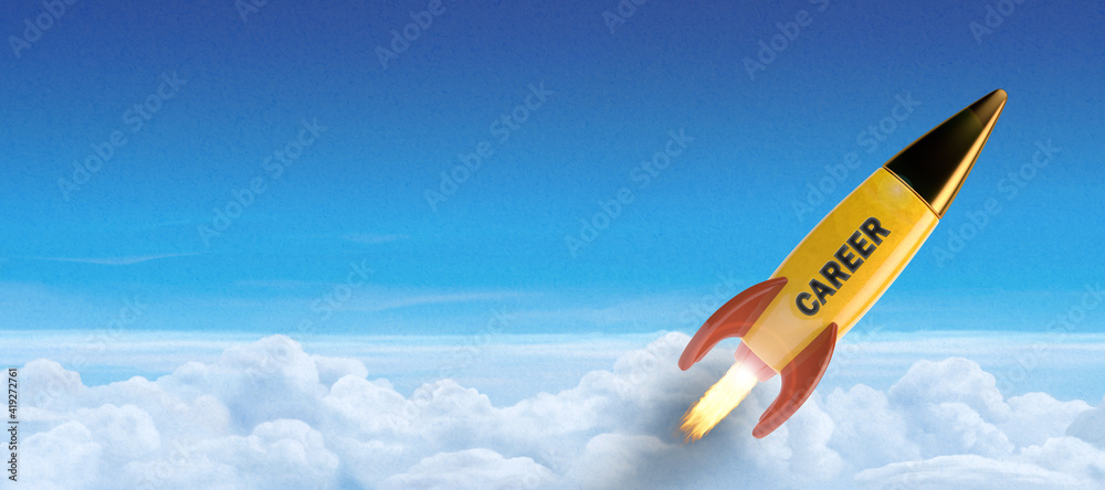 Εκτύπωση καμβά Colorful yellow rocket with word Career zooming into space through a layer of cl