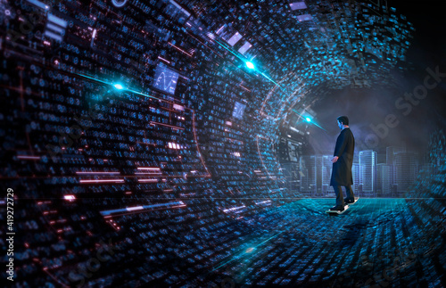 Man on hover board surfing binary code wave