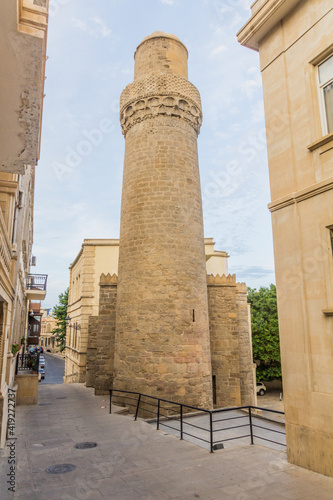 Gilahli Mosque minaret in the old town of Baku, Azerbaijan
