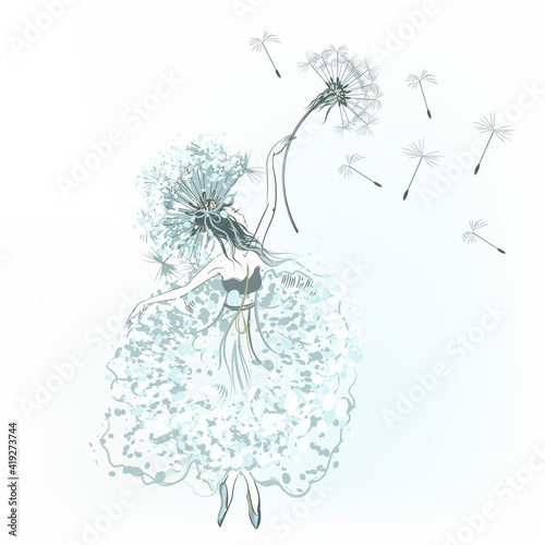Fashion vector female illustration with elegant girl fairy holding dandelion
