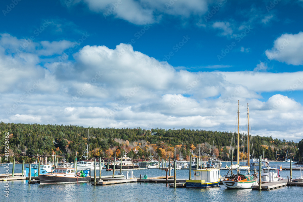 USA, Maine, Mt. Desert Island. Northeast Harbor, fishing boats during autumn.