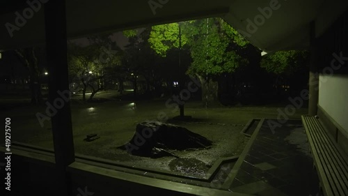 Dark park scene in the rain at night, no people, Nara Japan photo