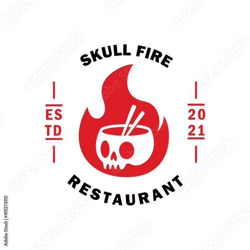 A creative restaurant logo using negative space style. Smart combination logo featuring a skull and bowl on the hot fire. Modern and smart logo