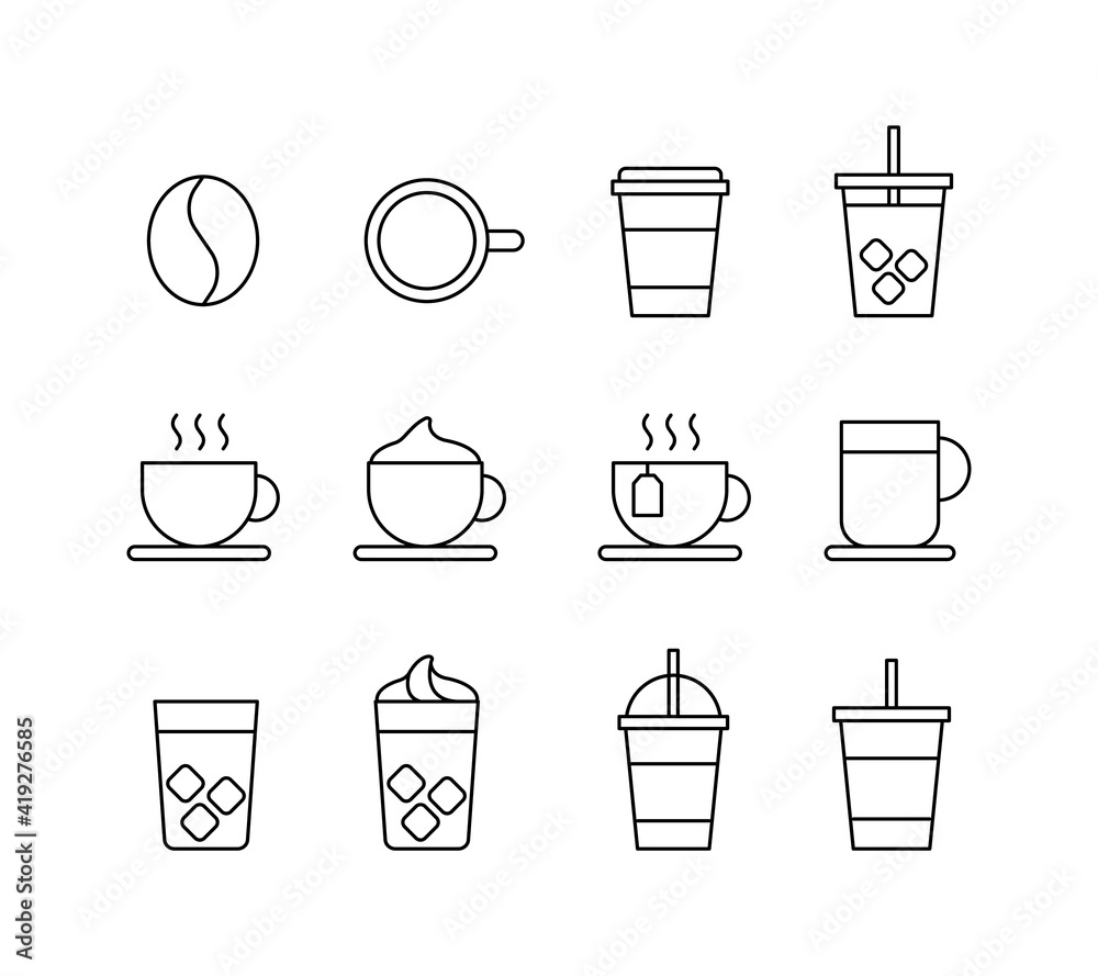 A set of cafe related icon illustrations such as coffee, iced coffee, americano, and takeout. A set of cafe related icon illustrations such as coffee, iced coffee, americano, and takeout.