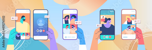 human hands using mobile app for virtual conference meeting friends discussing during video call on smartphone screens horizontal vector illustration