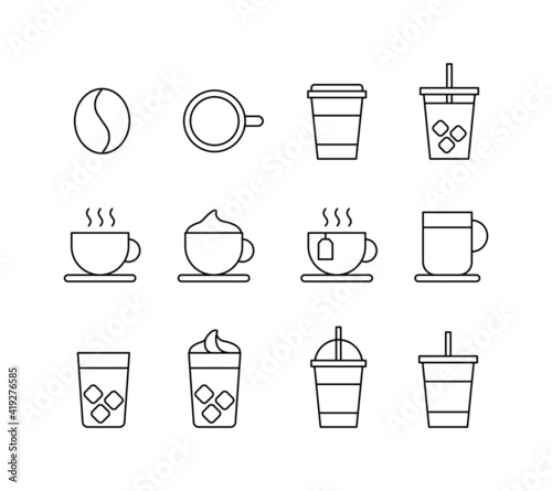 A set of cafe related icon illustrations such as coffee, iced coffee, americano, and takeout.