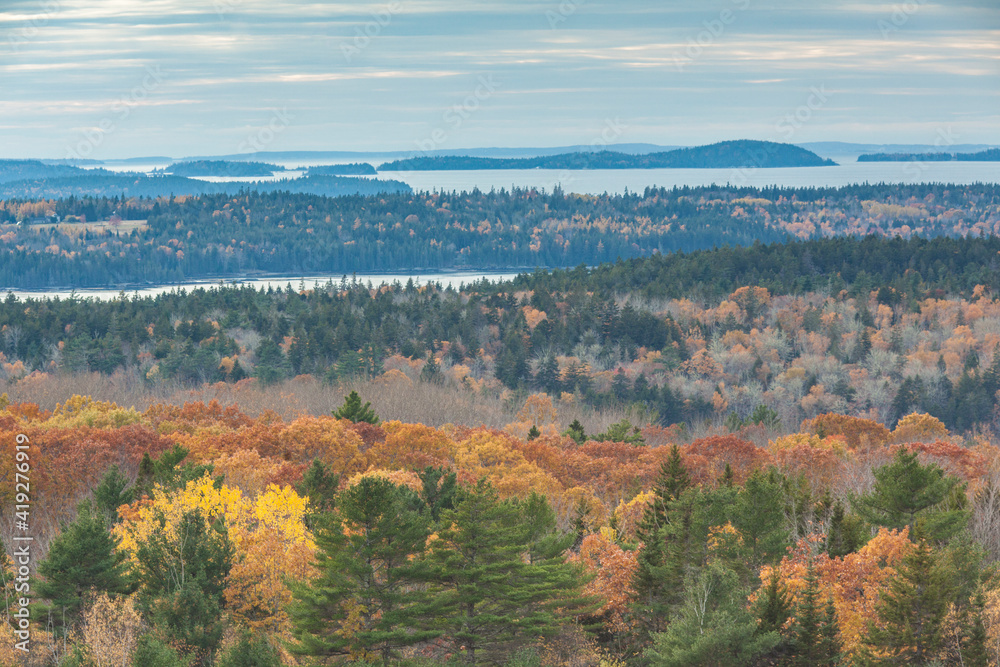 USA, Maine, Sargentville. Elevated view towards Deer Isle during autumn.