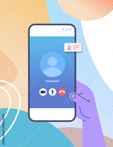 human hand using mobile app for virtual conference meeting video call on smartphone screen vertical vector illustration