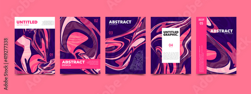Colorful violet pink abstract fluid background. Dynamic liquid marble wave texture. Modern cover poster template set.