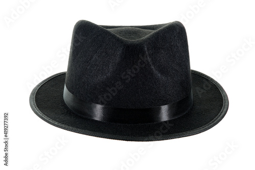 Gangster black fedora hat isolated on a white background.
