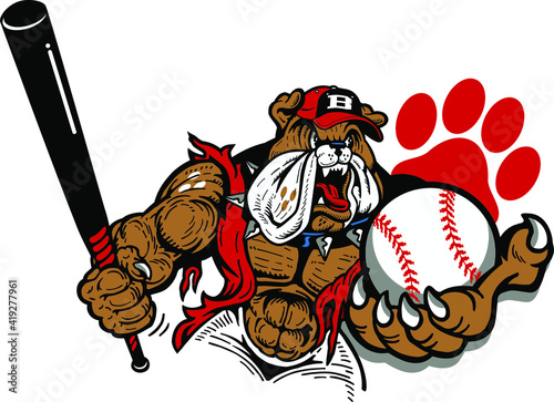 bulldog baseball team mascot with bat and ball for school, college or league