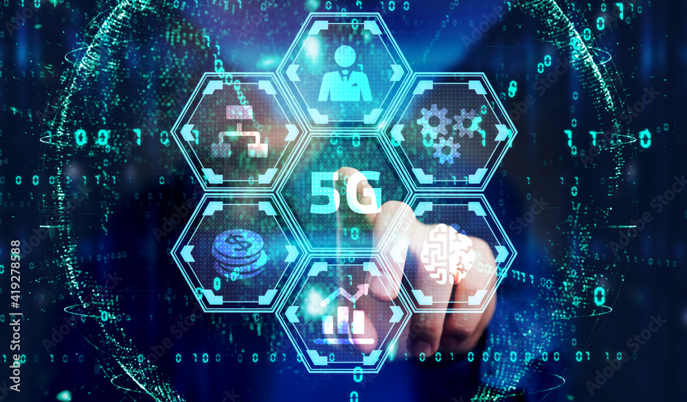 Fototapeta premium The concept of 5G network, high-speed mobile Internet, new generation networks. Business, modern technology, internet and networking concept.