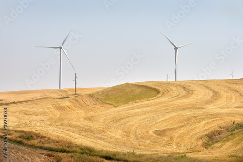 Windfarm Turbines Eastern Washington State. Wind turbines on an agricultural field in the Palouse area of eastern Washington.