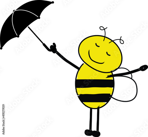Cartoon cute bee smiling and holding an umbrella. Bee happy.