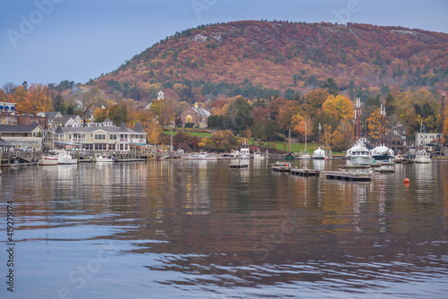 USA, Maine, Camden. Camden Harbor during autumn.