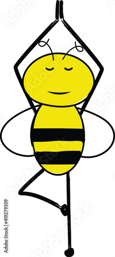 Cartoon cute bee standing on a foot and meditating. Peaceful bee in a yoga pose.