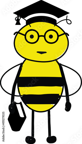 Cartoon cute bee wearing glasses and academic. Bee smart. Wise bee holding book.