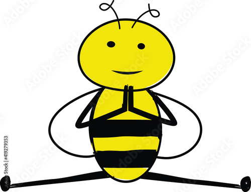 Cartoon cute bee doing split. Peaceful bee in a yoga pose.