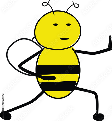 Cartoon cute bee practicing tai chi. Peaceful bee in a martial art pose.