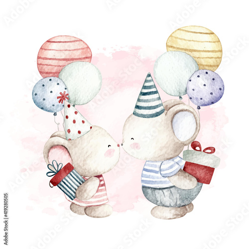 Watercolor mouse with gift and balloons