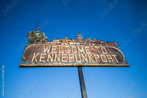 USA, Maine, Kennebunkport. Village welcome sign photo