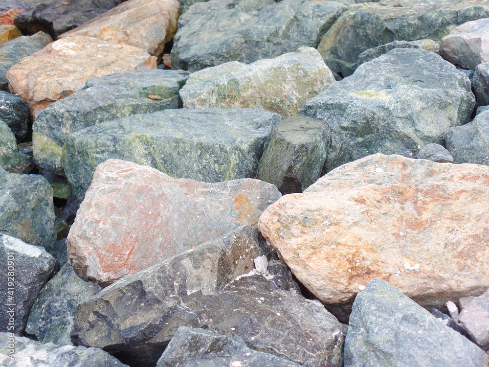 big rocks, gray rocks, beach, barrier, ground, base, dam