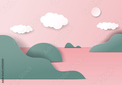 Landscape paper art, island in the sea with sky in pink and green tones