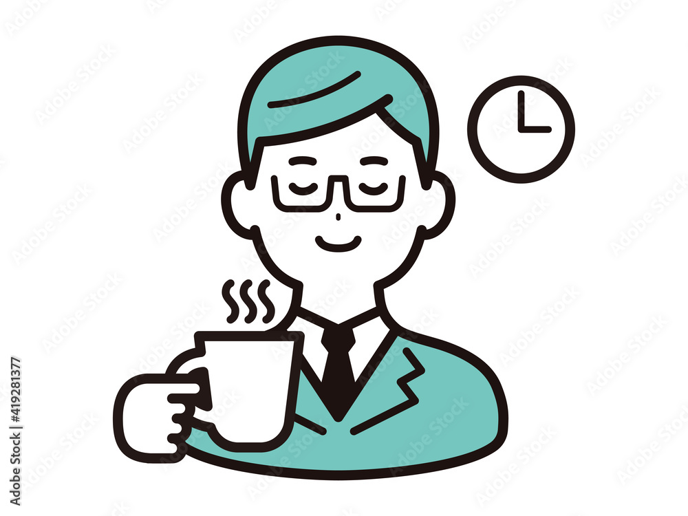 コーヒーを飲んで休憩をする、眼鏡をかけたビジネスマン