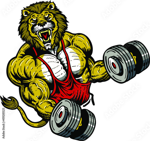 muscular lion team mascot lifting weights for school, college or league