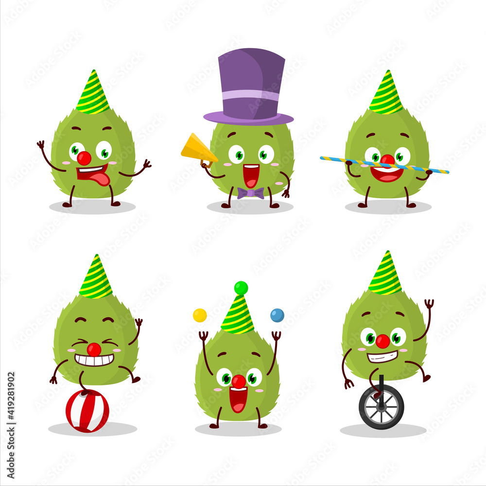 Cartoon character of basil leaves with various circus shows Cartoon character of basil leaves with various circus shows
