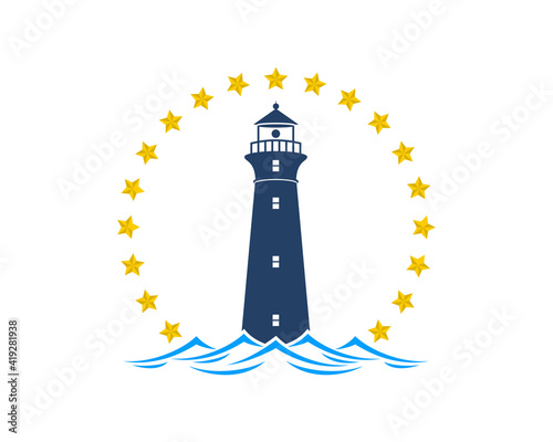 Blue lighthouse with circular stars surrounding