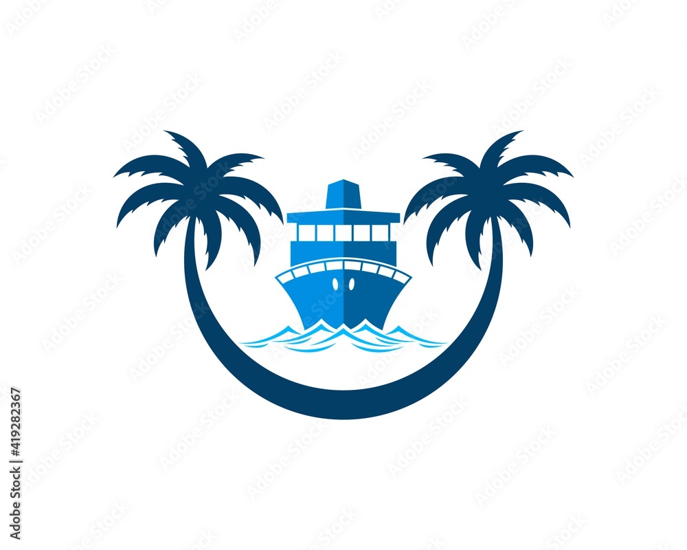 Circular palm tree with ship and beautiful beach wave
